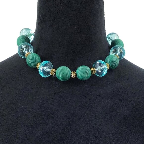 Chunky Beaded Necklace Costal Style Blue Teal Silver Tone Adjustable Length - Picture 3 of 3